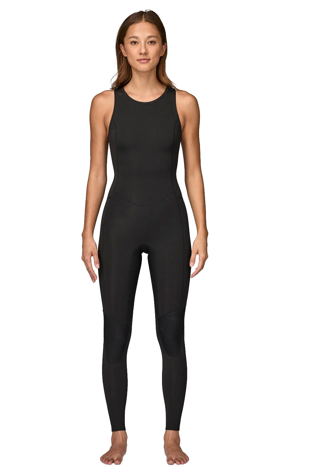 Person wearing a black bodysuit on a white background