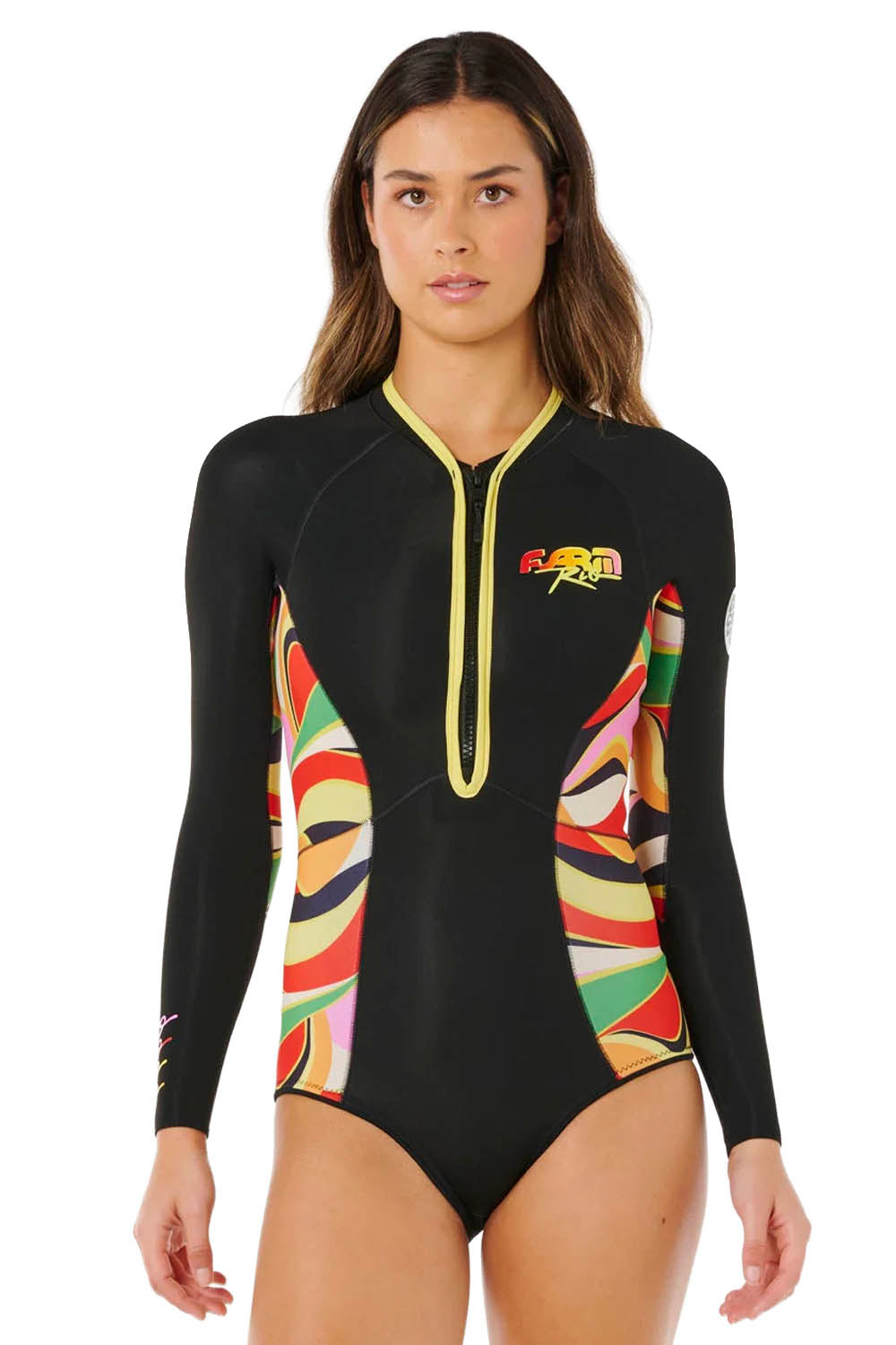 Woman wearing a black swimsuit with colorful snake design on a white background