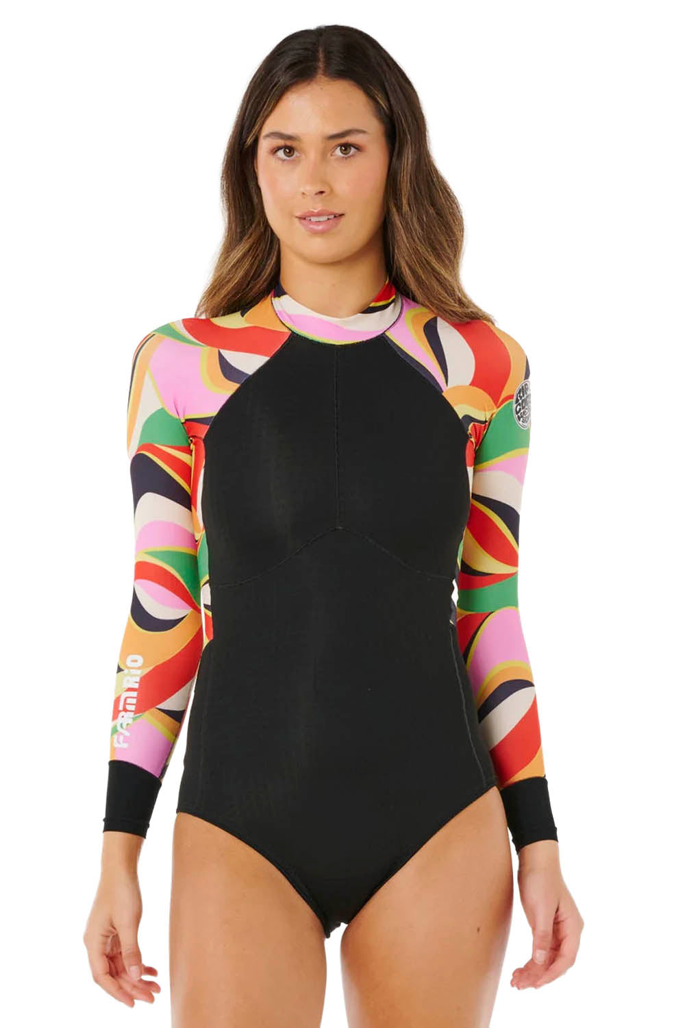 Woman wearing a black swimsuit with colorful sleeves on a white background