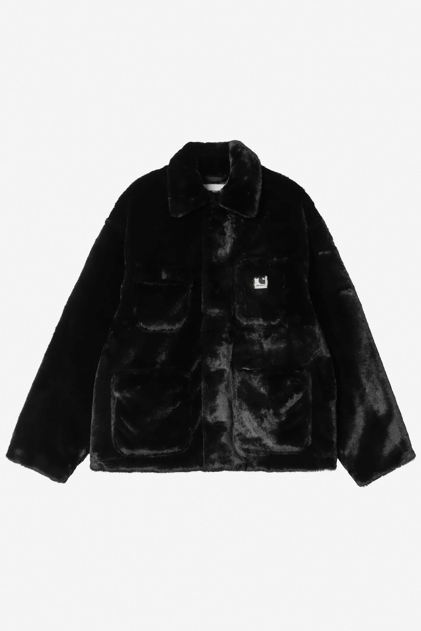 Pukas Surf Shop Carhartt WIP black faux fur midi coat utility pockets relaxed fit