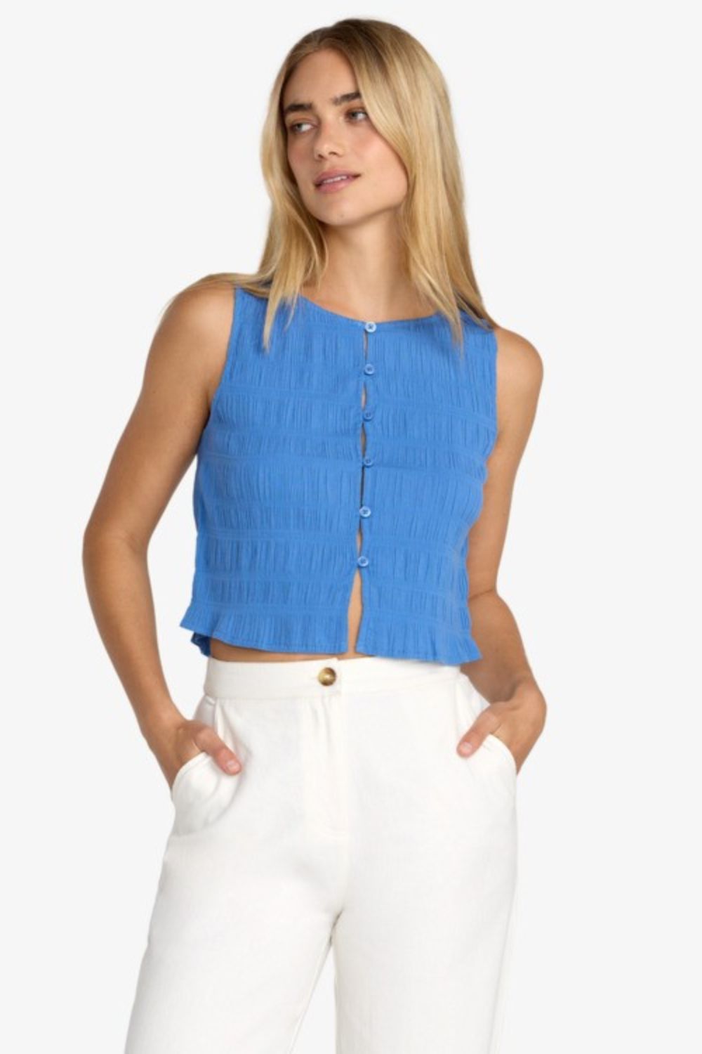 RVCA Scrunch Top – Women's blue fitted scrunch top, surf lifestyle beach style – Pukas Surf Shop
