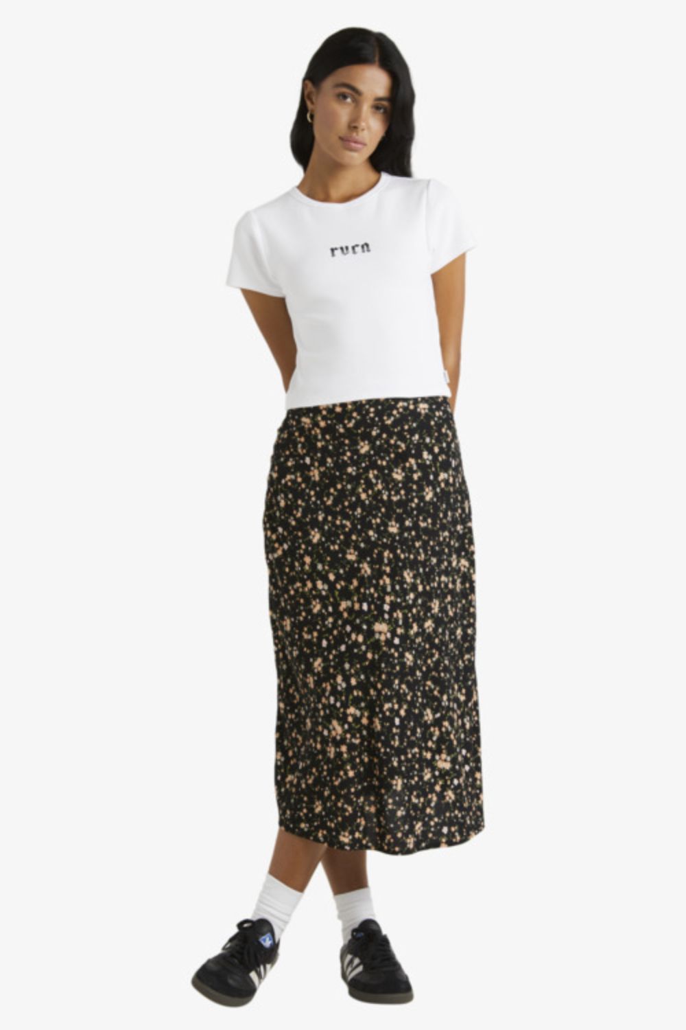 RVCA Annika Midi Skirt – Women's flowing midi skirt, relaxed surf lifestyle silhouette – Pukas Surf Shop
