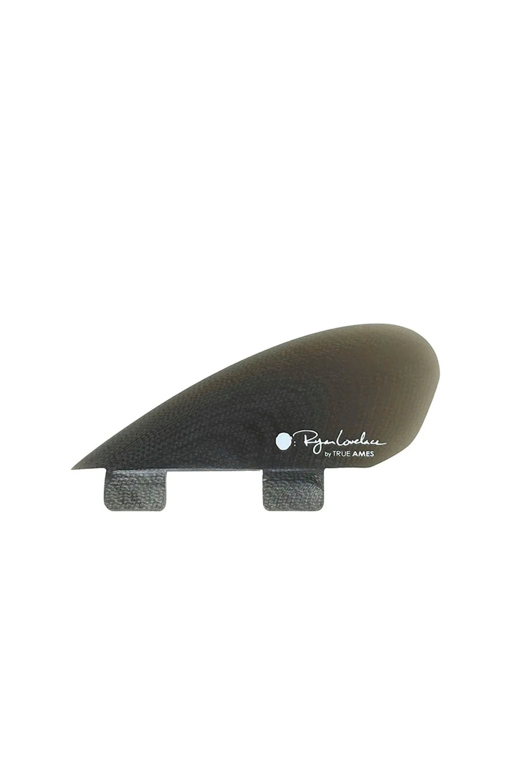 A single dark gray to black surfboard fin blank with a white 'Ryan Lovelace' logo, displayed on a clean white background.