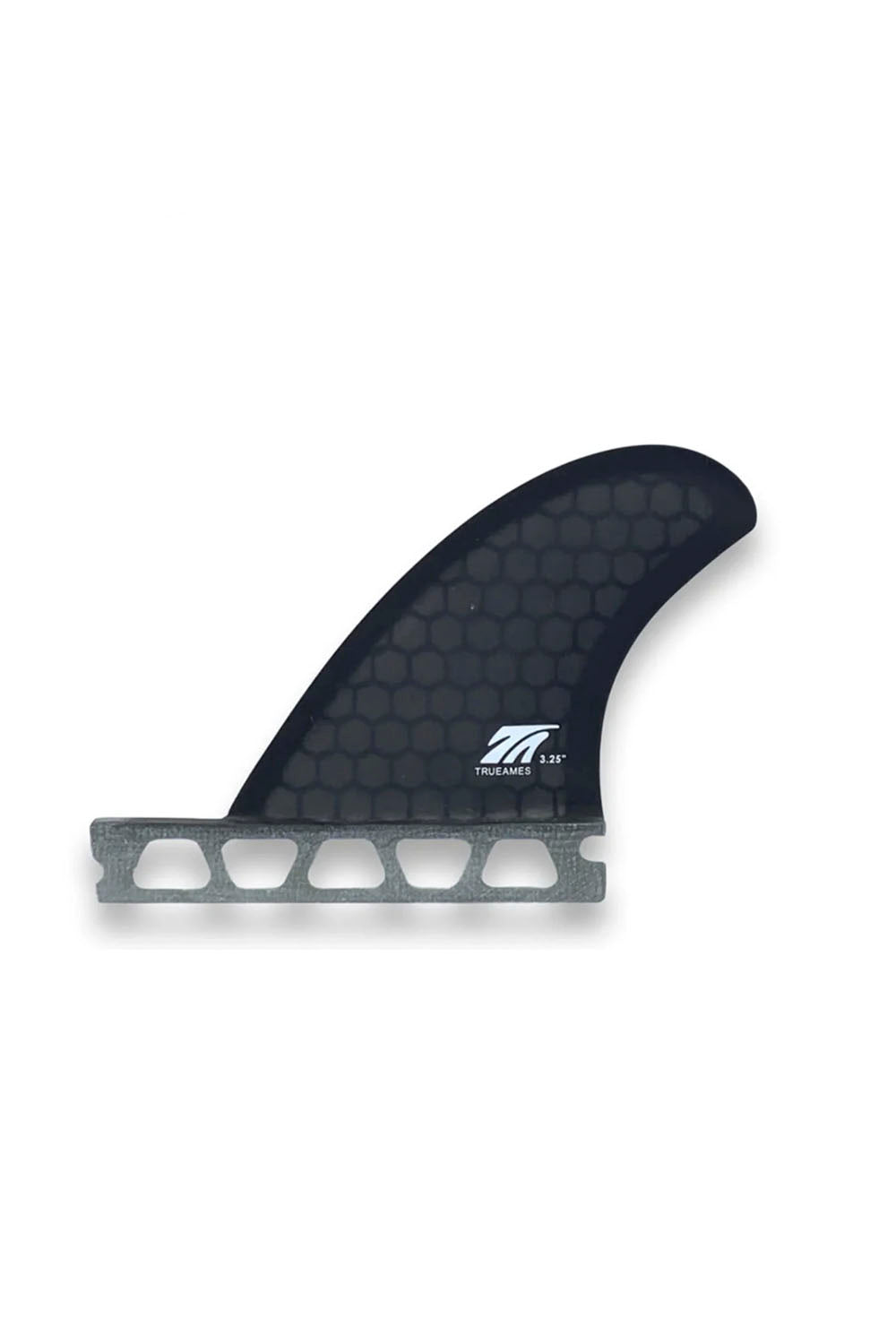 A single surfboard fin blade with a dark textured upper section and a silver metal base, shown on a plain white background.