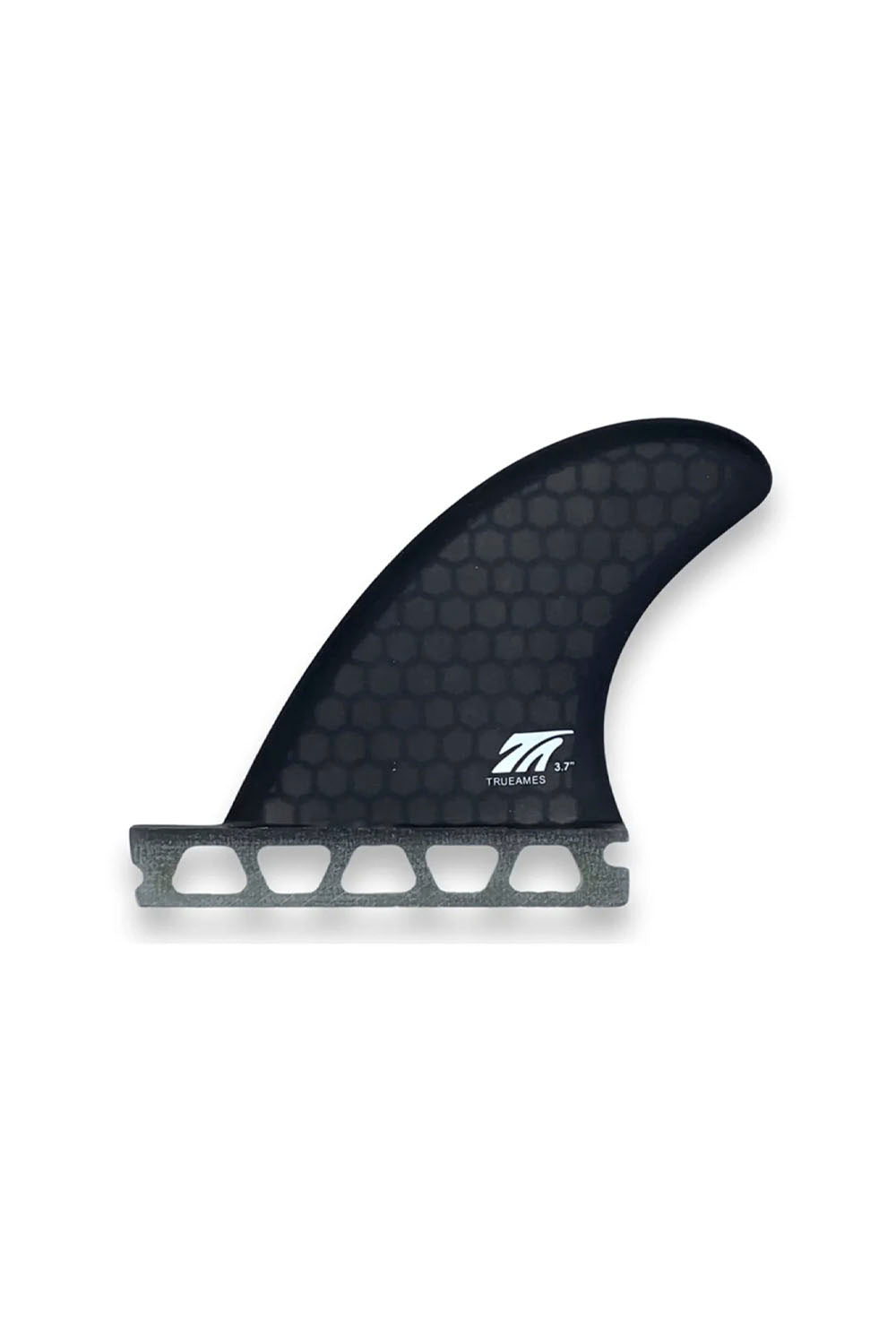 A single surfboard fin with a black honeycomb-patterned top and a silver metallic base, shown against a plain white background.
