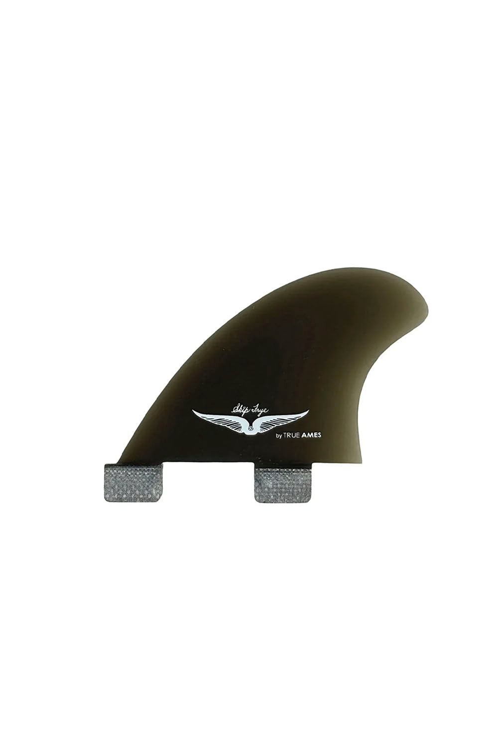 A single surfboard fin from True Ames, featuring a dark olive green body with a white wing logo and brand text, shown on a plain white background.