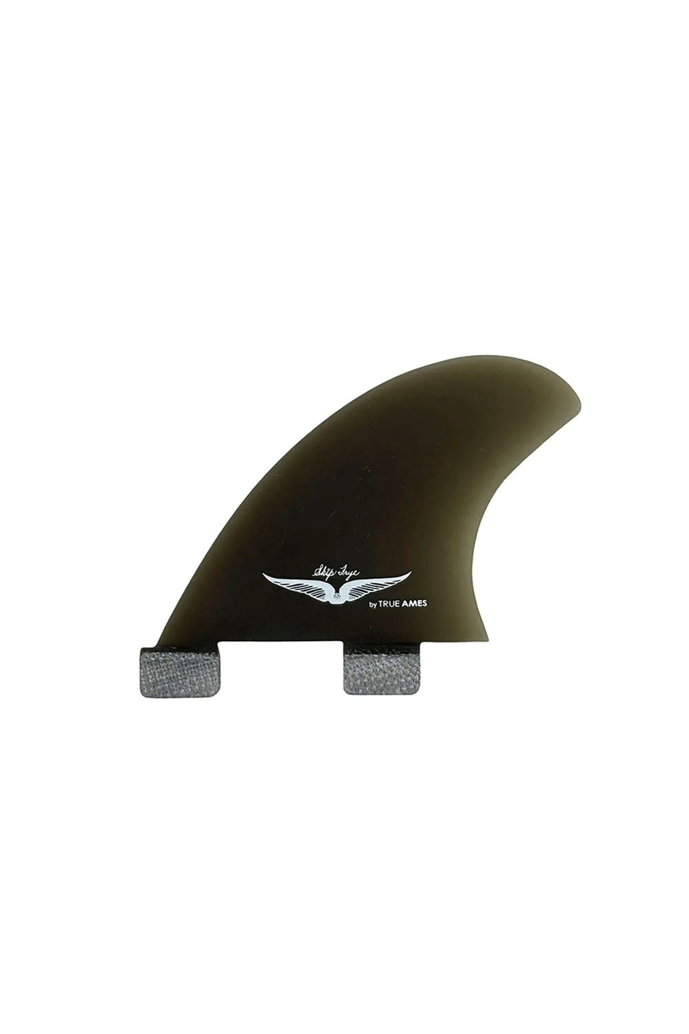 A single surfboard fin blade with two gray mounting plugs, featuring a dark olive-green translucent body and a white wing logo with the text 'Big Wave' and 'IN TRUE AMBER' on the front, set against a plain white background.