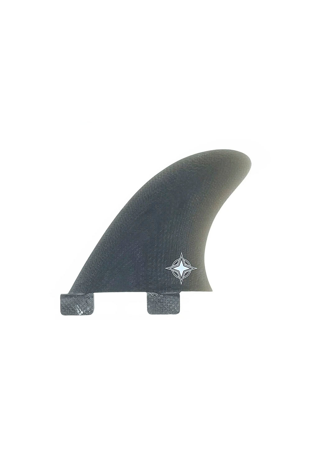 A single black carbon fiber surfboard fin with a small white compass rose logo near the base, shown against a solid white background.