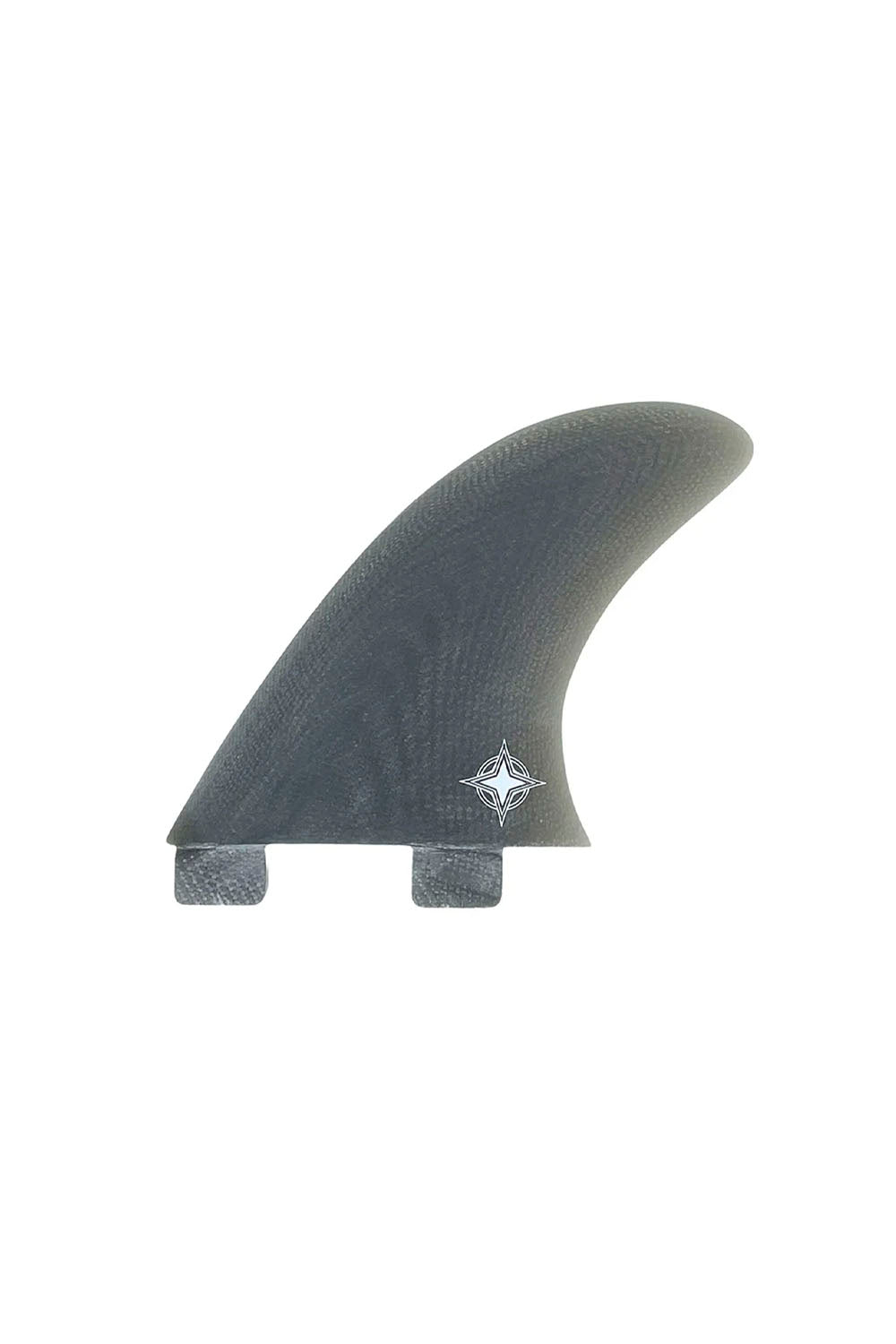 A single dark gray carbon fiber surfboard fin blade with a small white compass logo, shown against a plain white background.