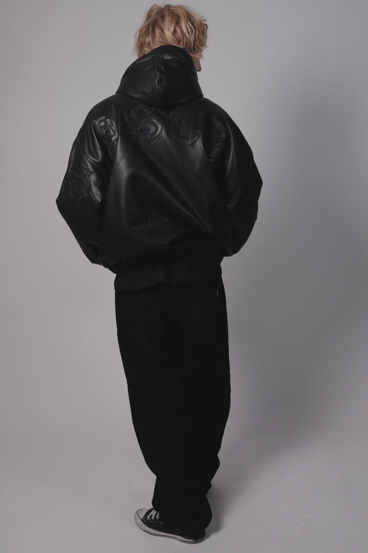 Black leather jacket with embossed Wasted Paris logo Pukas Surf Shop